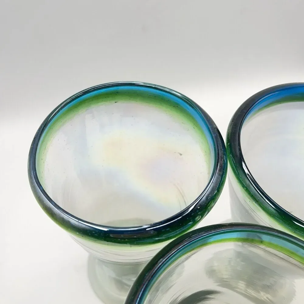 Three Hand Blown Stemware V-Shaped Glasses All Iridescent Green & Blue Band
